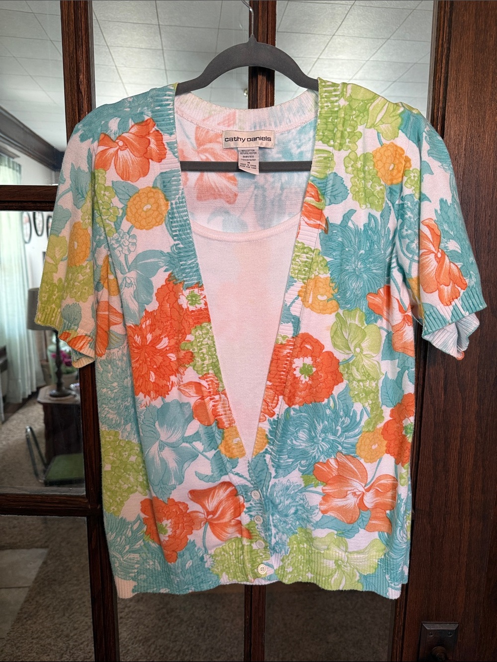 Cathy Daniels Floral Short Sleeve Cardigan Sweater Orange Teal Green Size Medium